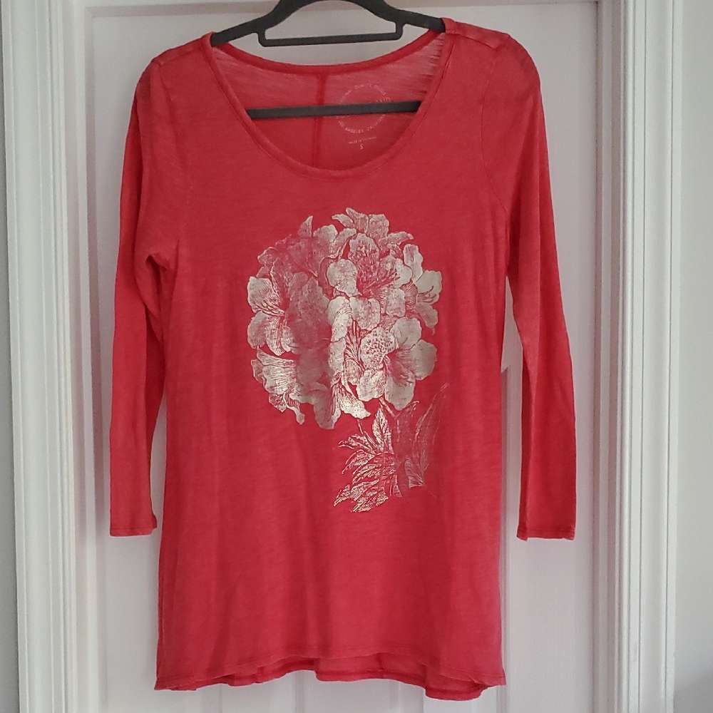 Lucky Brand Pink Long Sleeve Top with Silver Floral Design